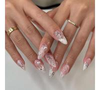 24Pcs Long Almond False Nails, French Shining Press on Stick Bow and Pearls Glossy Art Manicure for Women