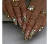 24pcs Long Almond False Nails Green Aurora French Tip Press on Nails Nude Pink Stick on Nail with 3D Gold Gilding Design Removable Glue on Acrylic Fake Nail Tips Accessories for Women