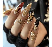 24pcs Long Almond False Nails Luxury Gold Filigree Baroque Floral Print Press on Nails Black Red White Base Stick on Nail Tips Removable Vintage Glue-on Fake Nail Art Accessories for Women