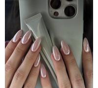 24PCS Long Almond Nude Aurora Press On Nails - Breathable & Cathedral Glass Shine | Hypoallergenic Black Tie, Wedding Ready