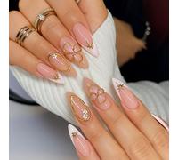 24Pcs Long Almond Press on Nails - French Tip Pink Floral Design with Gold 3D Butterfly Charms - Includes Gelly Adhesive Tabs for Easy and Secure Application