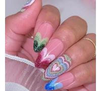 24pcs Long Almond Press-on Nails - Love Heart Glitter Blue Green Pink Stick-on Fake Nails With Removable Glue - Acrylic Nail Tips for Women - Nail Art Accessories