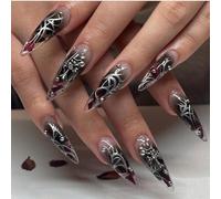 24pcs Long Almond & Stiletto Gothic Style Press-on Nails - Rhinestone Cross & Silver Swirl Design - Full Cover Stick-on Fake Nails with Tools Kit for Women Girls DIY Manicure Party Gift