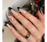 24PCS Long Black Tip Almond False Nails with Snowflake & Pearl Accents - Glossy Press On French Manicure Set for Winter Holiday, Glitter Rhinestone Nail Art Decorations & Festive Party
