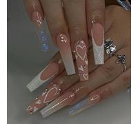 24PCS Long Coffin Ballerina False Nails - Pink Fake Nails with Heart Design - Full Coverage Shimmer Glossy Press on Nails with Glue - Stick on Nail for Women and Girls