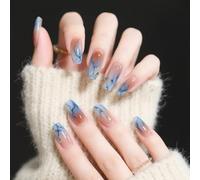 24pcs Long Coffin False Nails Blue Marble Press on Nails Glitter Gold Swirl Blush Pink Ombre Stick on Nail Tips Removable Glue-on Fake Nail Art Accessories for Women