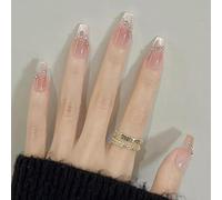 24pcs Long Coffin False Nails Cat Eye Press on Nails Blush Red White Ombre Stick on Nail with Rhinestone Design Removable Glue on Acrylic Fake Nail Accessories for Women