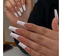 24pcs Long Coffin False Nails French Tip Press on Nails White Edge Nude Pink Stick on Nail Ballerina Tips Removable Glue-on Fake Nail Art Accessories for Women