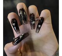 24Pcs Long Coffin False Nails, French Tip Press on Nails with Black Butterfly Pattern, Acrylic Full Cover Fake Nails With Rhinestones, Removable Glue-on Nail for Women Girls Daily Wear