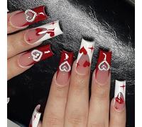 24pcs Long Coffin False Nails In Love Heart French Styles Press On Nailwith 3D Nails Charm Valentine's Day Gifts For Women