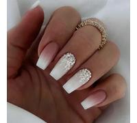24pcs Long Coffin False Nails White Pink Ombre Stick on Nails Glitter Sequin Press on Nails Removable Glue-on Nails Fake Nails Acrylic Full Cover Nails Women Girls Nail Art Accessories