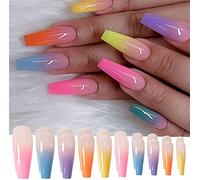 24PCS Long Coffin False Nails with Glue Stickers,Ballerina Coffin Full Cover Acrylic Press on Nails no Glue,Rainbow Gradient French Fake Stick on or Women and Girls Art
