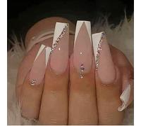 24PCS Long Coffin False Nails with Glue Stickers, Ballerina Full Cover Acrylic Press on Nails no Glue,White V French Fake Nails for Women and Girls Nail Art.