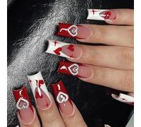 24pcs Long Coffin False Nails with Love Heart French Designs Stick on Manicure Decors Valentine ' s Day Gifts Long Coffin