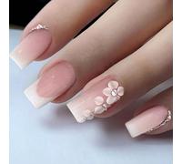 24PCS Long Coffin Press On Nails - 3D Flower French Tip Fake Nails with White Tips and Rhinestones, Stick On Removable Nails for Women and Girls, Easy Nail Art Kit