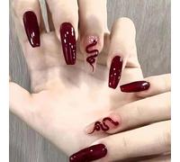 24pcs Long Coffin Press on Nails - Burgundy Snake Pattern Fake Stick on Nails With Removable Glue - Wine Red Acrylic for Women - Christmas New Year Nail Accessories