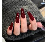 24PCS Long Coffin Press On Nails - Elegant Jelly Red French Tip Fake Nails for Women, Short Stick-On Set with Jelly Adhesive Tabs, Eco-Friendly ABS, Lasts 1-3 Weeks