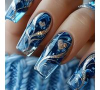 24pcs Long Coffin Press On Nails Gold Glitters Heart Design False Nails Blue Square Art For Women And Girls Coffin Press On Nail
