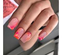 24PCS Long Coffin Press On Nails - Gradient Pink and Yellow French Tip Fake Nails with Rosy Wave Design, Full Cover Acrylic Stick On Nails for Women