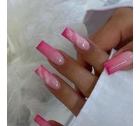 24pcs Long Coffin Press on Nails Pink Marble Ombre Coffin Nails - Glossy Square Fake with Gradient French Tips Stick on Acrylic Kit Full Cover Fake Art Accessories (Pink)