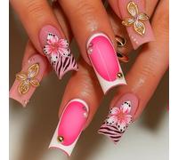 24PCS Long Coffin Press On Nails With Accessory Tools - Pink Gradient French Tip Fake Nails With 3D Flowers, Rhinestones & Gold Charms Elegant Stick On False For Women Girls
