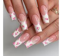 24PCS Long Coffin Press On Nails with French Tip & 3D Flower Pearl Design, Reusable Fake Nails ABS Material with Jelly Adhesive Tabs for Women & Girls, Elegant and Trendy (Solid Flowers)