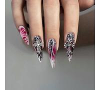 24PCS Long Dark Red & Black Press on Nails - Silver Cross Design Full Cover Reusable Fake Nails with Gl-ue, Non-Toxic & Eco-Friendly, Salon-Quality DIY Manicure for Women & Gift-Ready
