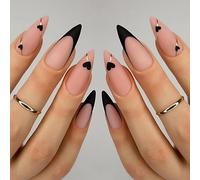 24PCS Long False Nails with Glue Stickers,Almond Full Cover Acrylic and Press on Nails no Glue,Black Edge Love French Fake Nails Stick for Women and Girls Nail Art