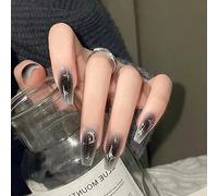 24PCS Long False Nails with Glue Stickers, Ballerina Full Cover Acrylic and Press on Nails no Glue,Gray Silver Moon French Fake Nails Stick for Women and Girls Nail Art