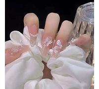 24PCS Long False Nails with Glue Stickers, Ballerina Full Cover Acrylic and Press on Nails no Glue,White Rose French Fake Nails Stick for Women and Girls Nail Art