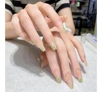 24PCS Long False Nails with Glue Stickers, Coffin Full Cover Acrylic and Press on Nails no Glue,Green Plaid French Fake Nails Stick for Women and Girls Nail Art