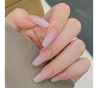 24PCS Long False Nails with Glue Stickers, Coffin Full Cover Acrylic and Press on Nails no Glue,Pink White Gradient French Fake Nails Stick for Women and Girls Nail Art