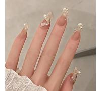 24PCS Long False Nails with Glue Stickers,Coffin Full Cover Acrylic and Press on Nails no Glue, Pink Pearl Silk French Fake Nails Stick for Women and Girls Nail Art