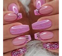 24PCS Long False Nails with Glue Stickers,Coffin Full Cover Acrylic and Press on Nails no Glue, Purple Glitter French Fake Nails Stick for Women and Girls Nail Art