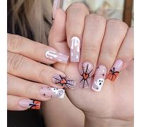 24PCS Long False Nails with Glue Stickers,Coffin Full Cover Acrylic Nails Press on Nails no Glue, Ghost Pumpkin Halloween French Fake Nails Stick on Nails for Women and Girls Nail Art