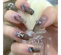 24PCS Long False Nails with Glue Stickers, Coffin Full Cover Acrylic Press on Nails no Glue,Gray Feather Bee French Fake Nails for Women and Girls Nail Art