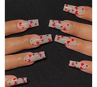 24PCS Long False Nails with Glue Stickers,Coffin Full Cover Acrylic Press on Nails no Glue,Red Cherry Love diamond French Fake Nails for Women and Girls Nail Art
