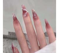 24pcs Long French Press-On False Nails with Tulip Pearl Ribbon Design. Elegant Coffin-shape, Luxury Ballet French Design. Includes Glue