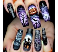 24Pcs Long Halloween ABS Build Nails Bat Pumpkin Design Almond Shape Fake Nails For Costume Holiday Accessories Long Length Halloween Nail ABS