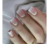 24PCS Long Lasting French Manicure Glitters Flexible Artificial Nails with White Tips for Special Occasions White Edge Fake Nail