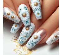 24pcs Long Press on Nails Coffin False Nails White Daisy Flower Fake Nails Glitter Pink Stick on Nails Removable Glue-on Acrylic Nail Tips Spring Summer Accessories for Women