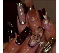 24Pcs Long Press on Nails XL Square, Brown 3D Flower Glue on Nails, Leopard French Tip Press on Nails for Women, Artists, Nail Techs for Parties, Events, Salons (Fall)