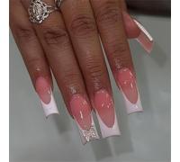 24pcs Long Square Artificial Nails With Bows Decors Glossy Press On Full Covers Stick On For Women Stick On Nail