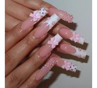 24pcs Long Square False Nails Sweet French Manicure Stick On Acrylic With Elegant Bowknot And Pearls Design Fashionable Nail Accessories