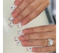 24pcs Long Square False Nails With Metal Colorful Rhinestones Press On Nails For Stylish And Elegant Nails Art Designs