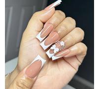 24Pcs Long Square French Flower Bows False Nails Set Press On Professional Manicure Art For A Stylish Look Fashionable White Nail Tips