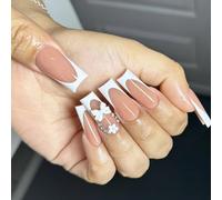 24Pcs Long Square French Flower Bows False Nails Set Press on Professional Manicure Art for a Stylish Look Women ' s Beauty Accessories