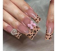 24PCS Long Square French Press On Nails for Women, Leopard Print Fake Nails with Pink Bow Design, Full Cover Gel Glue Nails in Multiple Sizes, Long-Lasting Wear