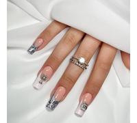 24PCS Long Square French Tip Press On Nails for Women, Black and White Cross Design Fake Nails with G-lue, Full Cover Acrylic Stick On Nails in Multiple Sizes, Stylish and Long-Lasting