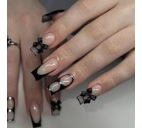24pcs Long Square Press On Nails - Black Handmade False Nails with French Tip & 3D Gradient Design - Durable Acrylic with Tools Gothic Style for Party